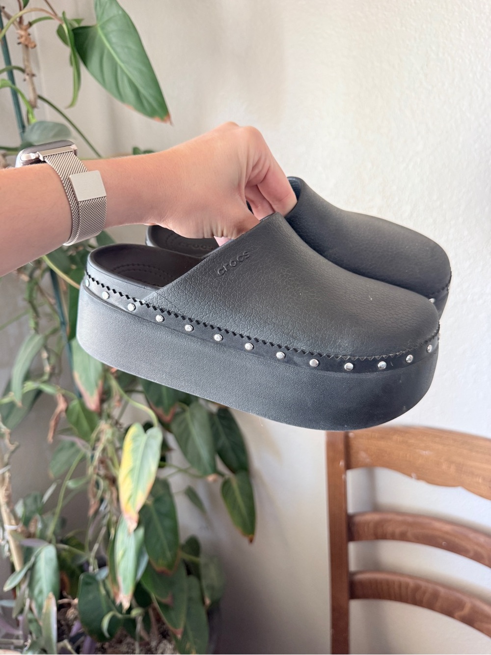 CROCS Black Platform Clogs with Silver Stud Trim - Picture 2 of 4